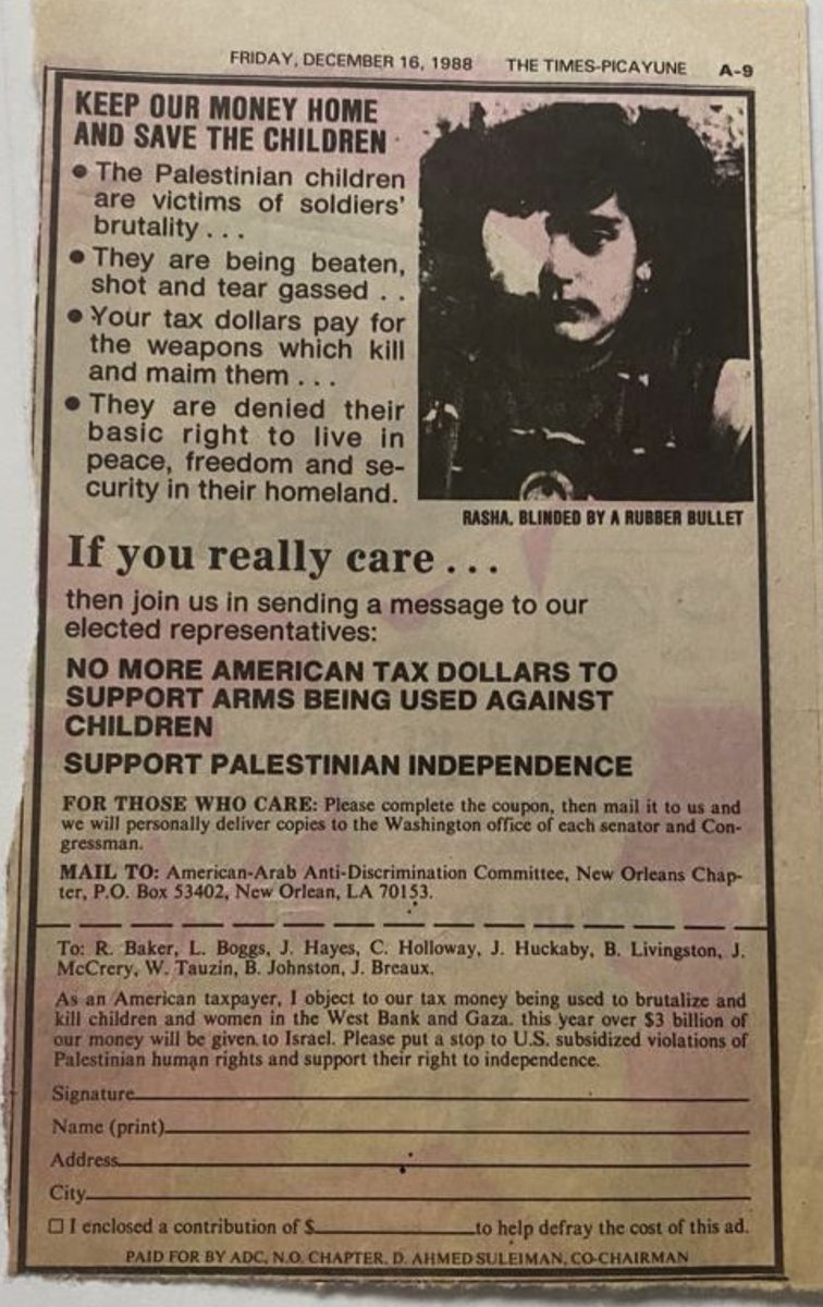 omarsuleiman's tweet photo. My father wrote this for the New Orleans Times Picayune almost 4 decades ago. Every word of it is just as relevant today. If you’re sick of your tax dollars being used to fund occupation and the slaughter of Palestinian children, it’s about time you find your moral voice. https://t.co/qNeP7qtwOc
