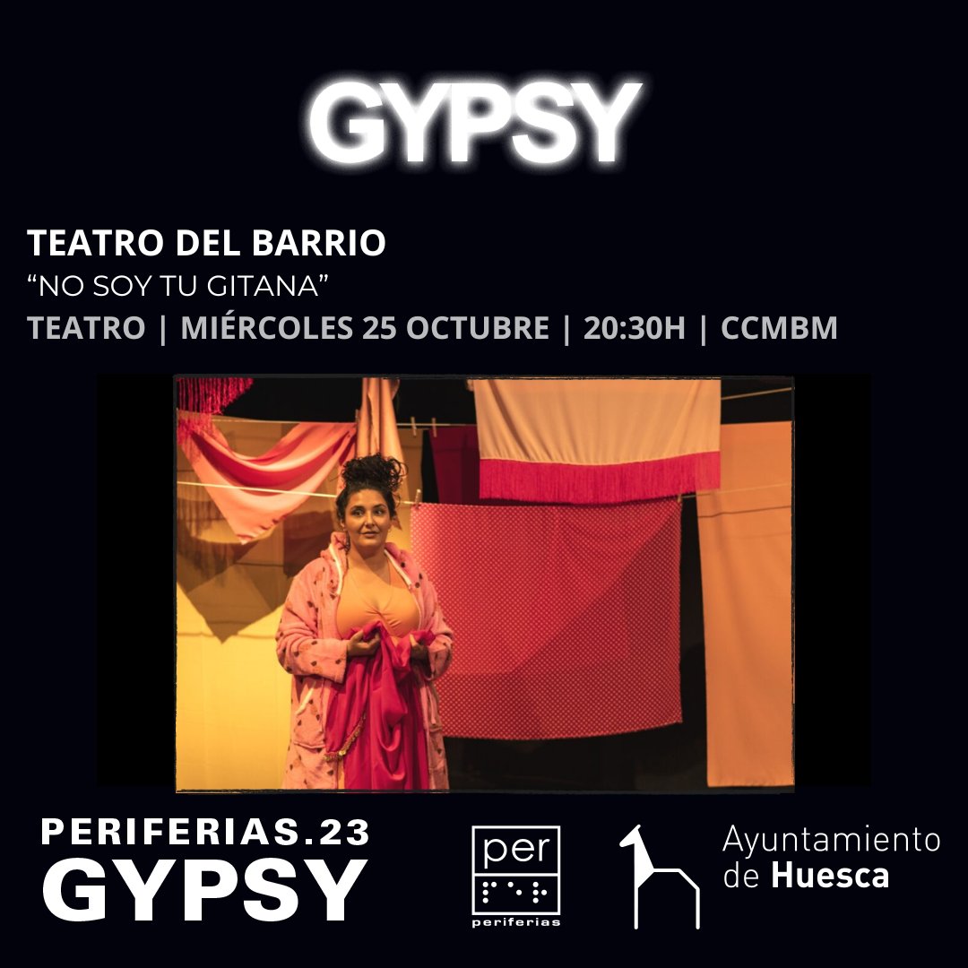 🗣️🎭 Hoy miércoles, a las 18.30 horas en el Casino, hay una charla sobre el romanó y el caló a cargo de Nicolás Jiménez.
A las 20.30 horas en el CCMBM, Teatro del Barrio nos trae la obra "No soy tu gitana". En colaboración con <a href="/IA_Mujer/">Instituto Aragonés de la Mujer</a> 
Entradas ⬇
culturahuesca.4tic.com/par-public/res…