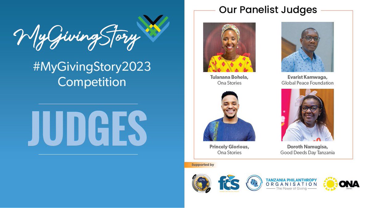 We're excited to introduce our incredible #MyGivingStory2023 judges.✨
We're excited to have their expertise on board. They are set to review the amazing entries that have touched lives and communities.
<a href="/InfoAPN/">African Philanthropy Network</a> <a href="/OnaStories/">OnaStories 🇹🇿</a> <a href="/gooddeedsdaytz/">Good Deeds Day Tanzania</a> 
@GivinTuesdayTZ <a href="/FCSTZ/">Foundation for Civil Society</a>