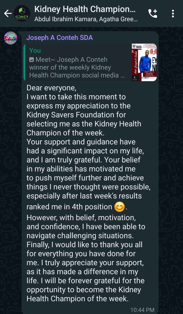 KidneySavers's tweet photo. We are overwhelmed with the #testimonies we are receiving from our kidney health ambassadors on creating significant impact in their community, through the #KidneyHealth #Champion #social #Medias ?#challenge initiative.
@mohs_sl
@KidneyFund https://t.co/0d6HdcTDKG