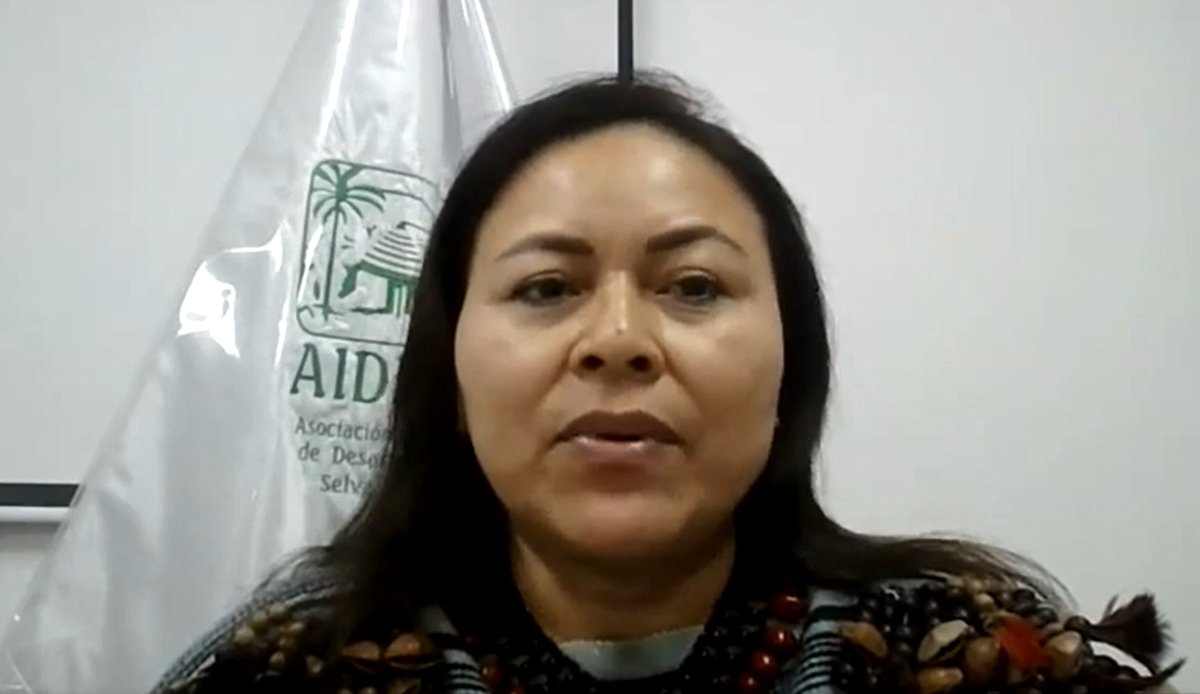 Tabea Casique Coronado discusses threats to collective rights of people in the communities represented by @aidesep_org with Alonso Córdova @WWF_Peru #WWFLovejoy