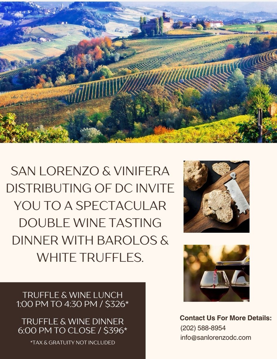 Attn all #Truffle and #Vino LOVERS! Come enjoy a very special Wine Tasting + 3-Course Paired TRUFFLE Wine Lunch or Dinner with Vinifera at #SanLorenzoDC on Sun Oct 29th! For more info email: info@SanLorenzoDC.com 💛🍷#dc #shawdc #dineinshaw #italian #wine #vino #winetasting