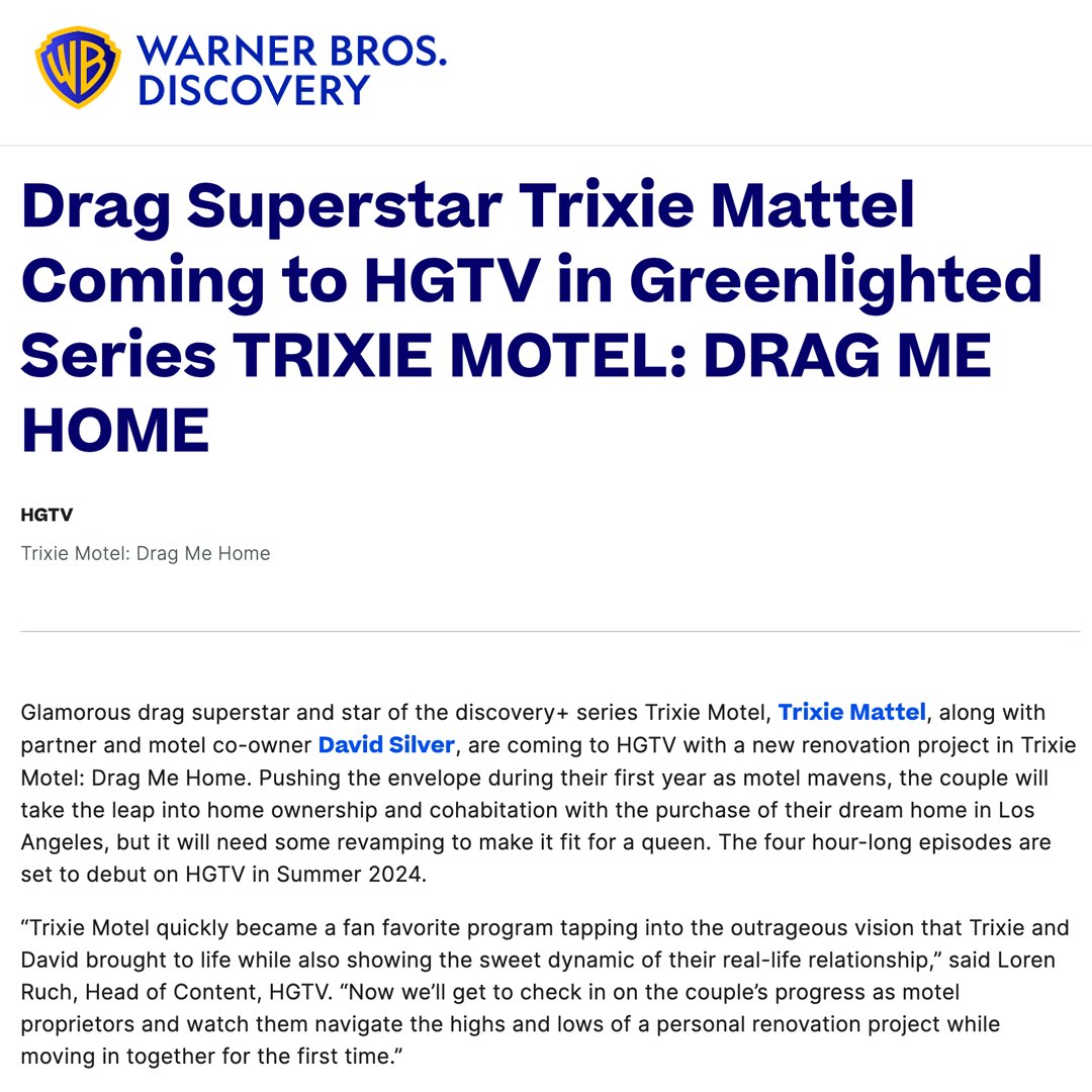 trixiemattel's tweet photo. We're back!! Trixie Motel: Drag Me Home is coming to @hgtv next summer! https://t.co/FhlC5TSe8F @DVDSLVR @trixiemotel https://t.co/iFRFNYgrVz