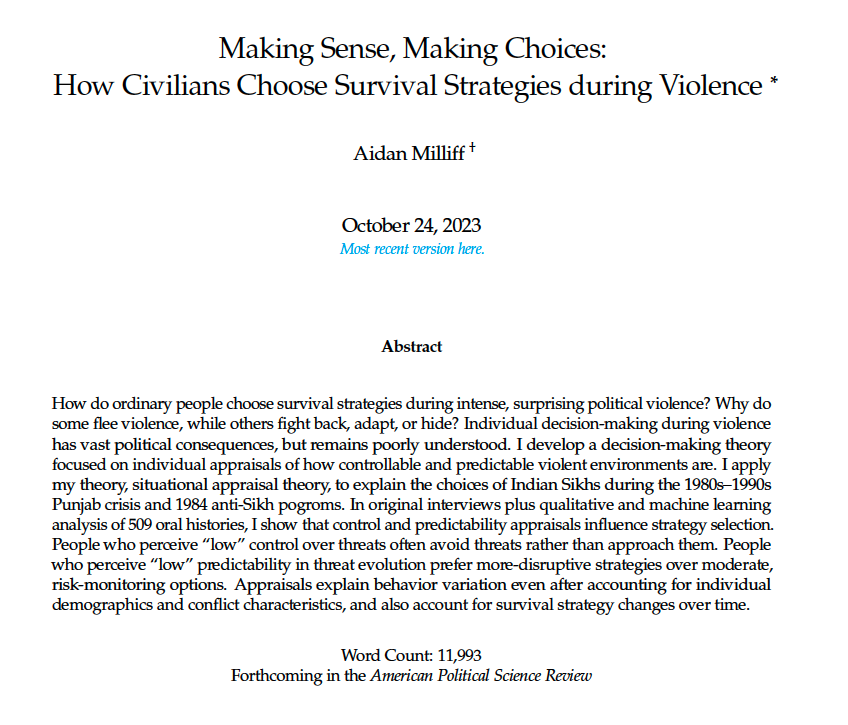 Really pleased to share that 'Making Sense, Making Choices: How Civilians Choose Survival Strategies During Violence' is accepted at @apsrjournal . You can see the accepted version here! I'll post more about the paper once it's up on FirstView. aidanmilliff.com/media/Milliff_…