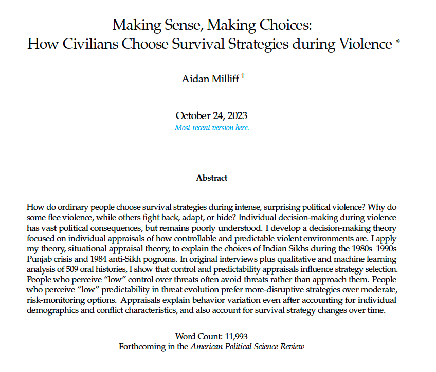 Aidan Milliff (@amilliff) on Twitter photo Really pleased to share that "Making Sense, Making Choices: How Civilians Choose Survival Strategies During Violence" is accepted at <a href="/apsrjournal/">American Political Science Review</a> .
You can see the accepted version here! I'll post more about the paper once it's up on FirstView.
aidanmilliff.com/media/Milliff_… Really pleased to share that "Making Sense, Making Choices: How Civilians Choose Survival Strategies During Violence" is accepted at <a href="/apsrjournal/">American Political Science Review</a> .
You can see the accepted version here! I'll post more about the paper once it's up on FirstView.
aidanmilliff.com/media/Milliff_…