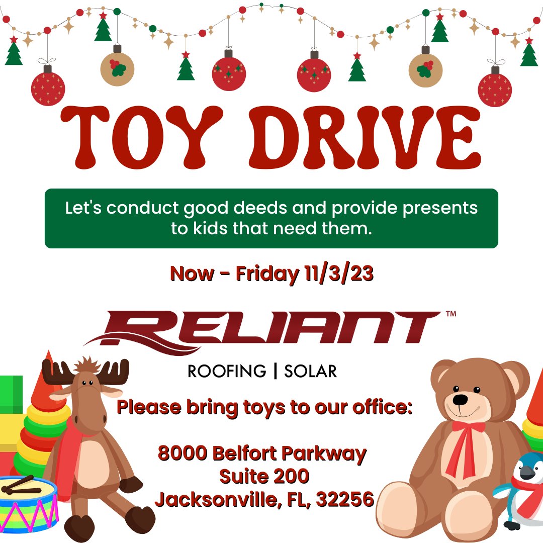 ReliantRoofing1's tweet photo. Join us in spreading holiday cheer! We're sponsoring the One Digital Holiday Sip &amp; Shop on Nov 6th, and hosting a Holiday Toy Drive. Drop off unwrapped toys at our office by Nov 3rd to brighten a child's holiday. 🎁❤️ #ReliantRoofing #ToyDrive #GiveBack #roofingfl #jax #duval https://t.co/N6TUrU4o1o