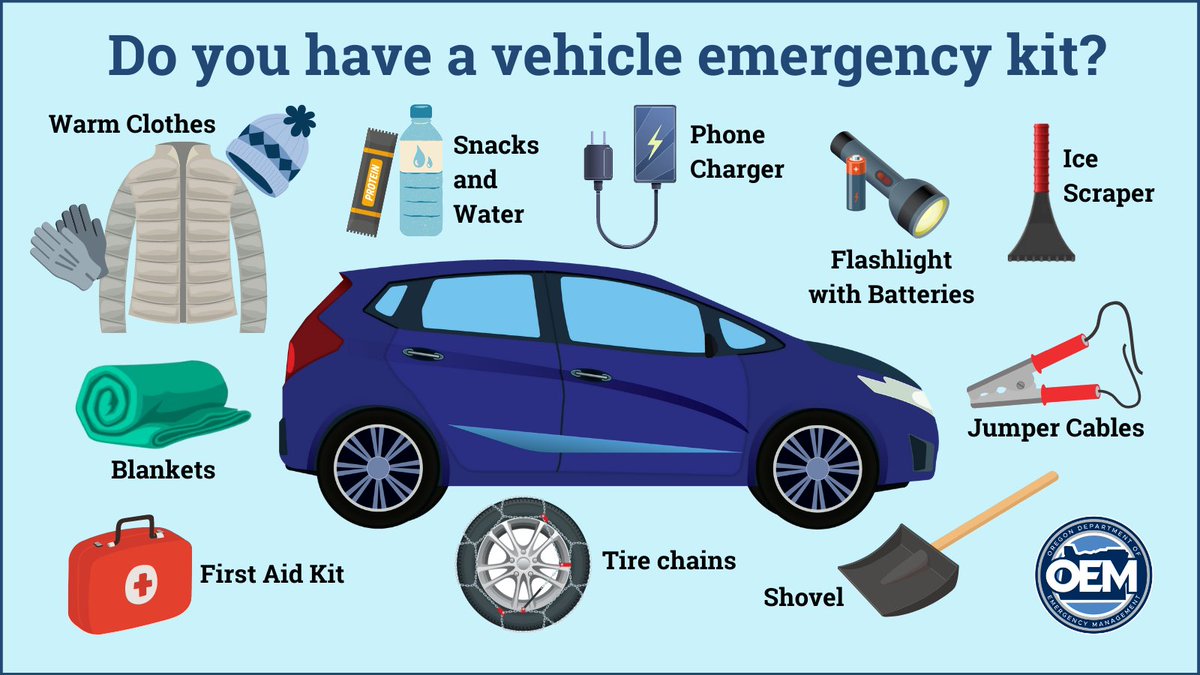 🌧️❄️ Winter is coming. Are you #WeatherReady for winter driving?
🚙 Winterize your vehicle and carry chains ⛓️ if necessary.
✔️ Check road conditions at  Tripcheck.com or call 511.
🧰 Keep food, water, warm clothes &amp; an emergency kit in your car: ready.gov/car