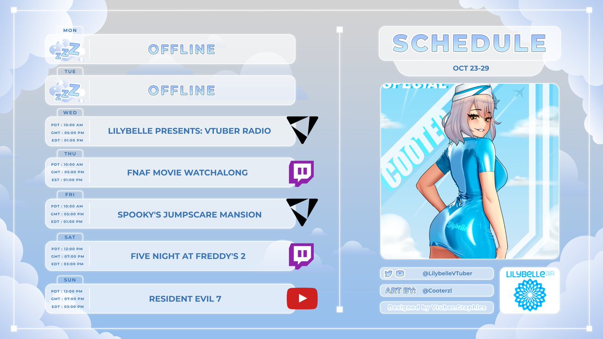 LilybelleVTuber's tweet image. 💙OCT 23-29 SCHEDULE💙 

HOLY SHIT THE FNAF MOVIE WATCHALONG IS THIS WEEK!! I am both super ready and also absolutely terrified 🫠

ALL LINKS BELOW

🎨: @CooterzI
✈️Art and Assets: #LilybelleArtLine 
✈️Fans: #FrequentFlyers