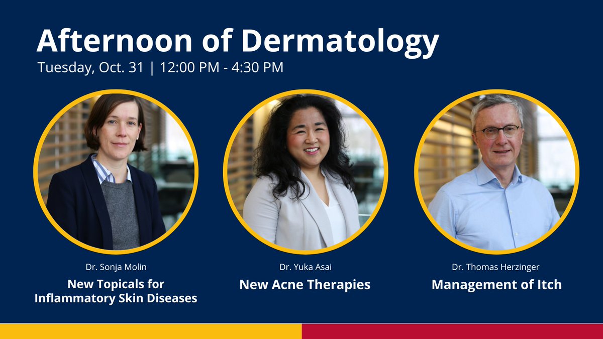 Join the discussion on the latest topics at the Afternoon of Dermatology. Get your Quick Hits, Q&A, and Session Spotlights with Drs. Molin, Asai, and Herzinger. 🗓️ Oct. 31 , 12:00 PM - 4:30 PM Registration and details: healthsci.queensu.ca/opdes/cpd/educ…