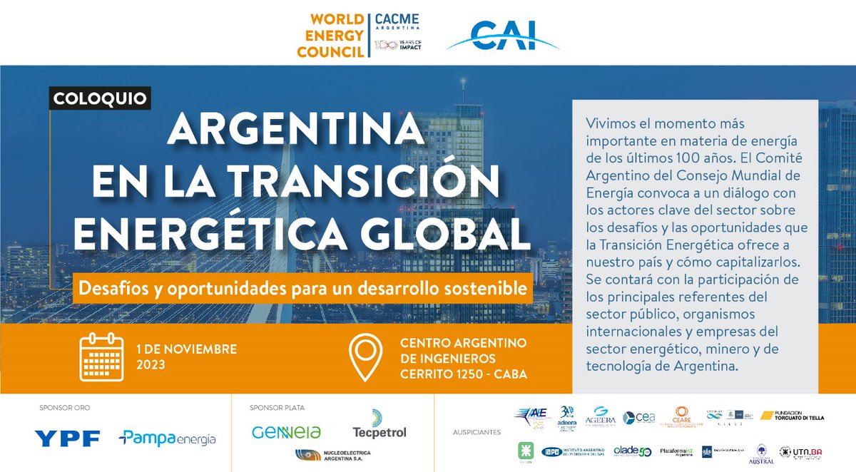 cec_ciecs's tweet photo. @ColArqPciaCba @IngenieriaUNBog @UEenARG @FundacionYPF @ciecsconicet Inscripción al "Coloquio Argentina en la Transición Energética Global".
 
https://t.co/flmGhOodb9
 
https://t.co/HD4VxsDLfA

Coorganizado por el @CACME_WEC y el Centro Argentino de Ingenieros - CAI.
Miércoles, 1 de noviembre de 2023
De 8:30 hs. a 16:00 hs. https://t.co/rOpnxifVp8