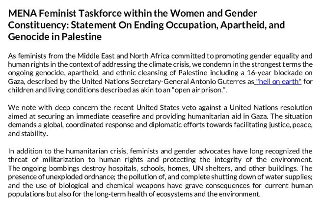 WGC_Climate's tweet photo. Sharing a statement from feminist advocates of the MENA region within the WGC calling for justice and true peace for the people of Palestine, upholding the human rights of all people, and an immediate ceasefire. https://t.co/8rVyfgOUPY #CeasefireNOW #HumanRights https://t.co/4nCLloj5rW