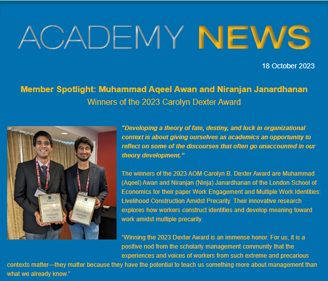 Academy of Management (@aomconnect) on Twitter photo 📰 Check out the latest edition of Academy News, featuring the AOM 2023 Carolyn B. Dexter Award winners, Muhammad (Aqeel) Awan and <a href="/NiranjanJanard2/">Dr. Niranjan Janardhanan (Ninja)</a>. bit.ly/3tDhp9a 📰 Check out the latest edition of Academy News, featuring the AOM 2023 Carolyn B. Dexter Award winners, Muhammad (Aqeel) Awan and <a href="/NiranjanJanard2/">Dr. Niranjan Janardhanan (Ninja)</a>. bit.ly/3tDhp9a