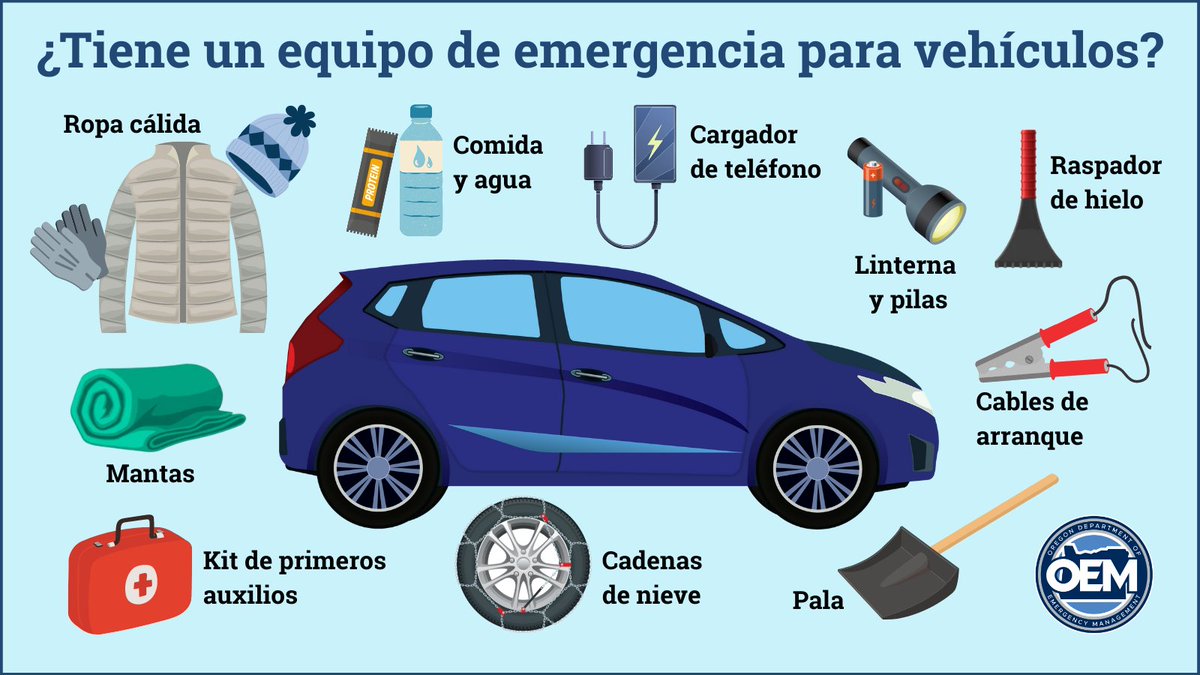 🌧️❄️ ¿Estás listo para conducir en invierno?
🚙 Prepare su vehículo para el invierno y tenga cadenas si es necesario.
☑️ Consulta las condiciones de la carretera en Tripcheck.com o llama 511
🧰 Tenga comida, agua, ropa cálida y kit de emergencia: ready.gov/es/auto