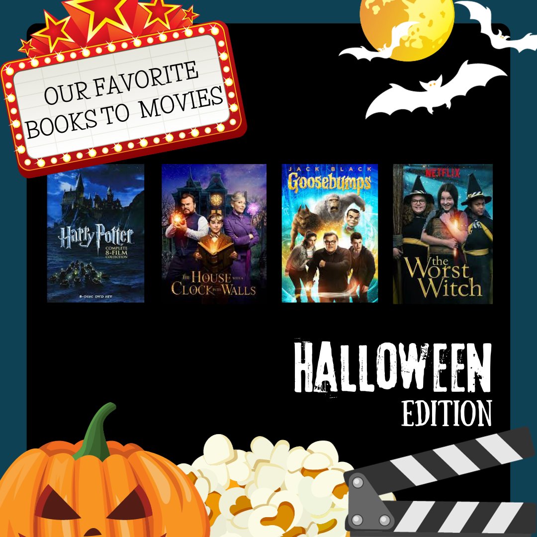 Here are a few more of our favorite Halloween books turned into movies:

🎃Goosebumps by R.L. Stine

🎃House with a Clock in the Walls by John Bellairs

🎃The Worst Witch by Jill Murphy

🎃Harry Potter by J.K. Rowling

#goosebumpsrlstine #theworstwitch #harrypottermovies