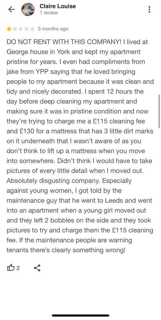 “Now they're trying to charge me a £115 cleaning fee and £130 for a mattress that has 3 little dirt marks on it underneath that I wasn't aware of as you don't think to lift up a mattress when you move into somewhere. Didn't think I would have to take pictures of every detail”