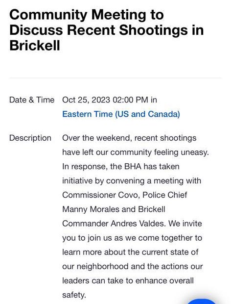 Recent shootings in Brickell? Join the discussion on Zoom on Wednesday 10/25 at 2pm <a href="/BHAMiami/">Brickell Homeowners Association</a> us06web.zoom.us/webinar/regist…