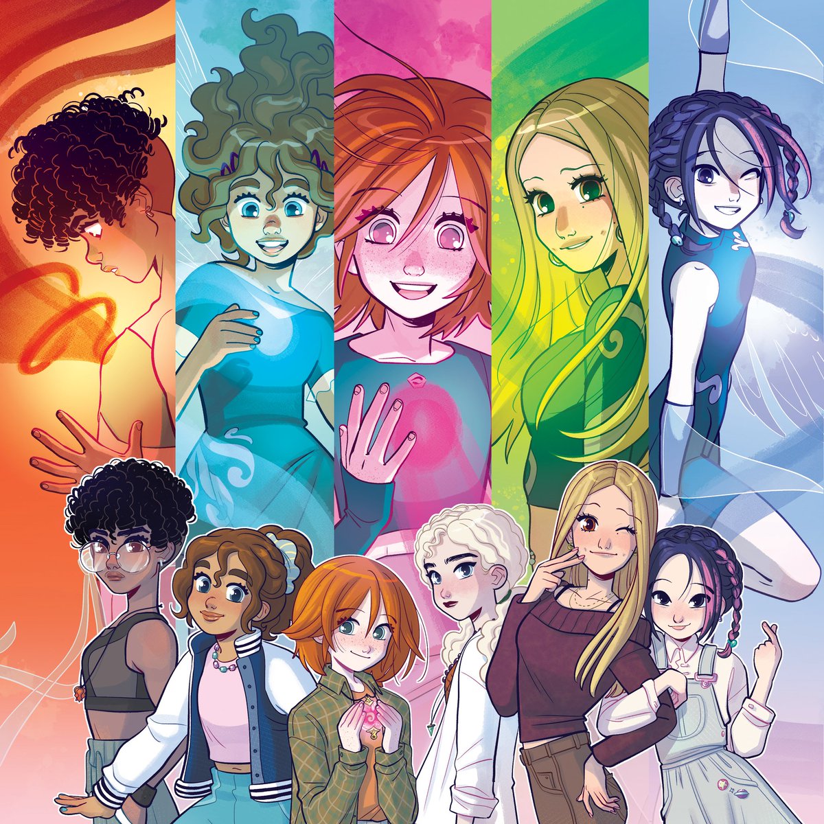 A witch can't be a W.I.T.C.H. without a magical transformation!
Fire, water, energy, earth &amp; wind: which one is your favourite element? 🔥💧💖🌿💨

I made the character design of the girls and this is a special illustration included in the graphic novel published by Disney/Giunti