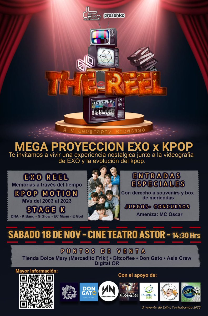 exocbbaonline's tweet photo. ➤📼Espacio Publicitario 📼➤
Éste Sábado 18 de noviembre te invitamos a la MEGA PROYECCIÓN de  #EXO✘#KPOP, mostrando la videografía de EXO y el kpop de las ultimas dos décadas.
𝑬𝑿𝑶-𝑳 𝑶𝒇𝒊𝒄𝒊𝒂𝒍 𝑪𝒐𝒄𝒉𝒂𝒃𝒂𝒎𝒃𝒂 𝒑𝒓𝒆𝒔𝒆𝒏𝒕𝒂:
【🎞️📺  𝐄𝐗𝐎 𝐓𝐇𝐄 𝐑𝐄𝐄𝐋📺🎞️ 】 https://t.co/yIbCfkWq2V