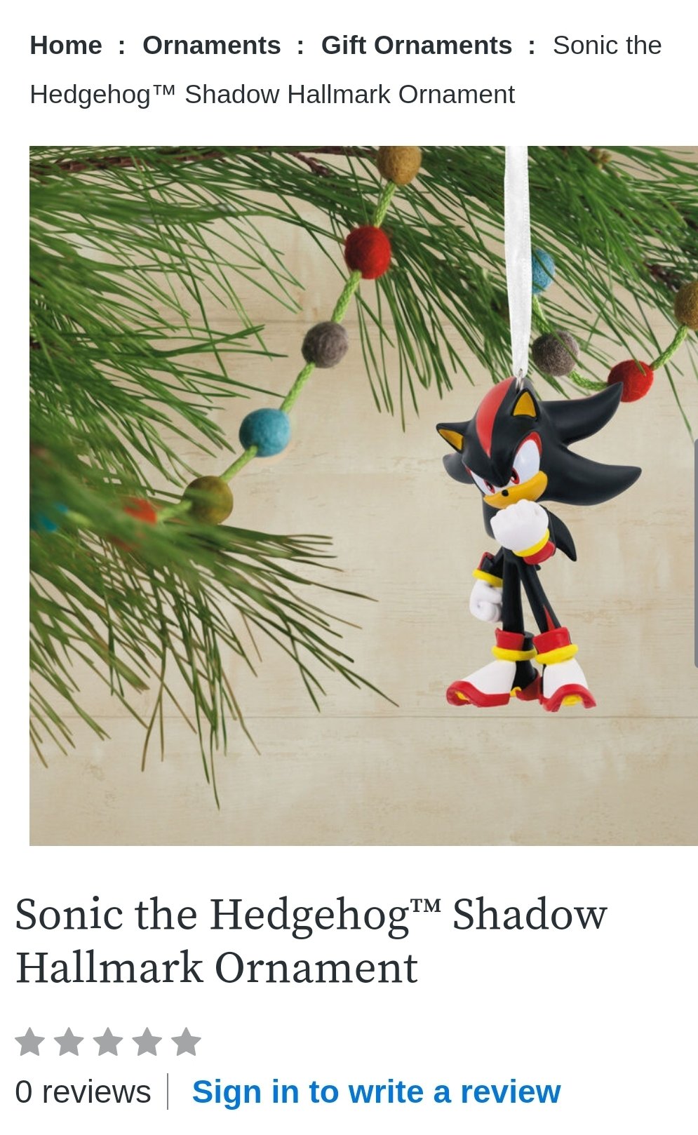 Hallmark Sonic the Hedgehog Shadow Christmas Ornament