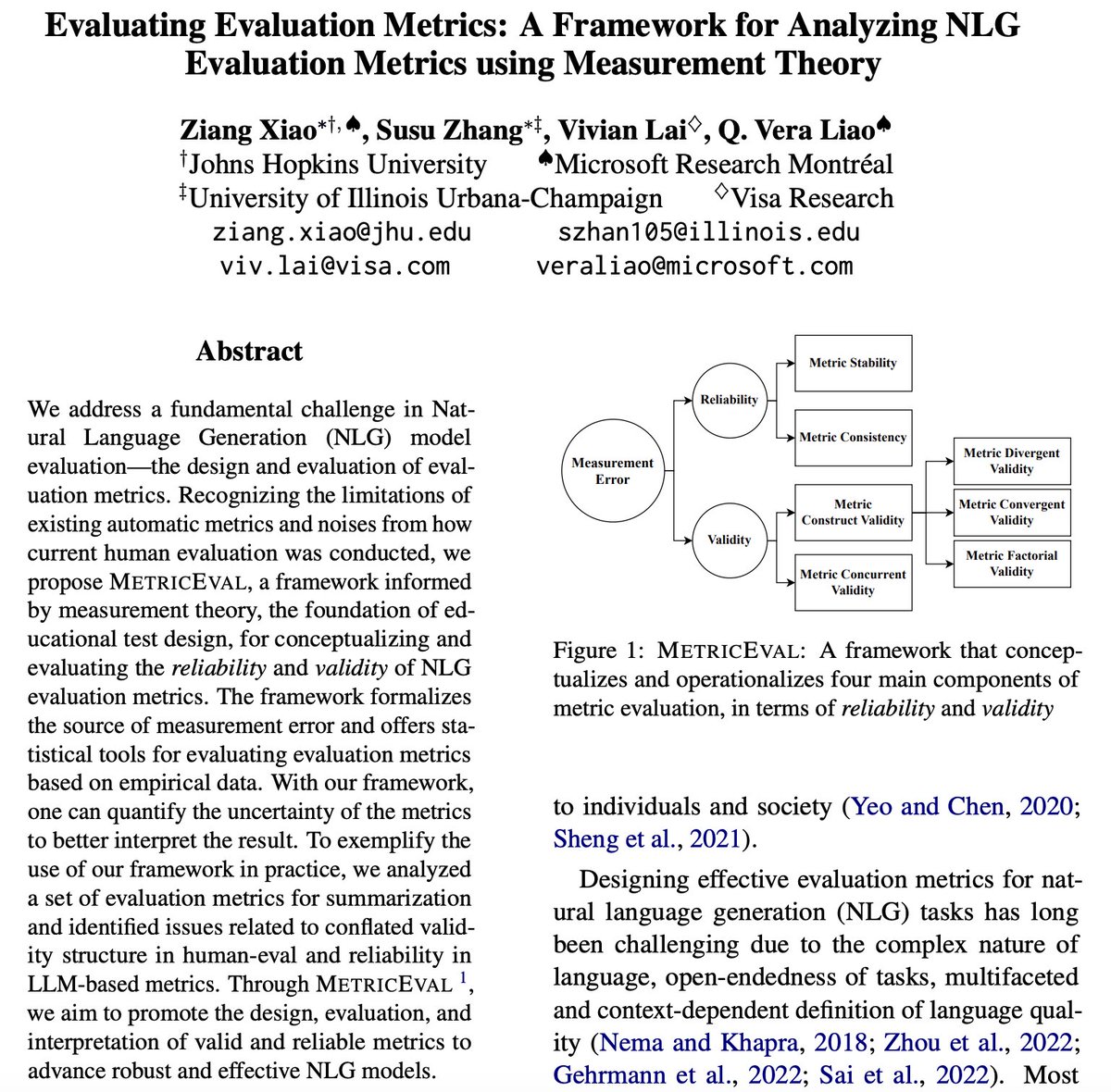 What constitutes a good #eval metric? We bridge #MeasurementTheory in #EducationalTesting and #Psychometrics to #NLProc. We propose #MetricEval, a theory-driven framework to conceptualize and operationalize measurement error sources to evaluate #NLG metrics. #EMNLP2023 🧵