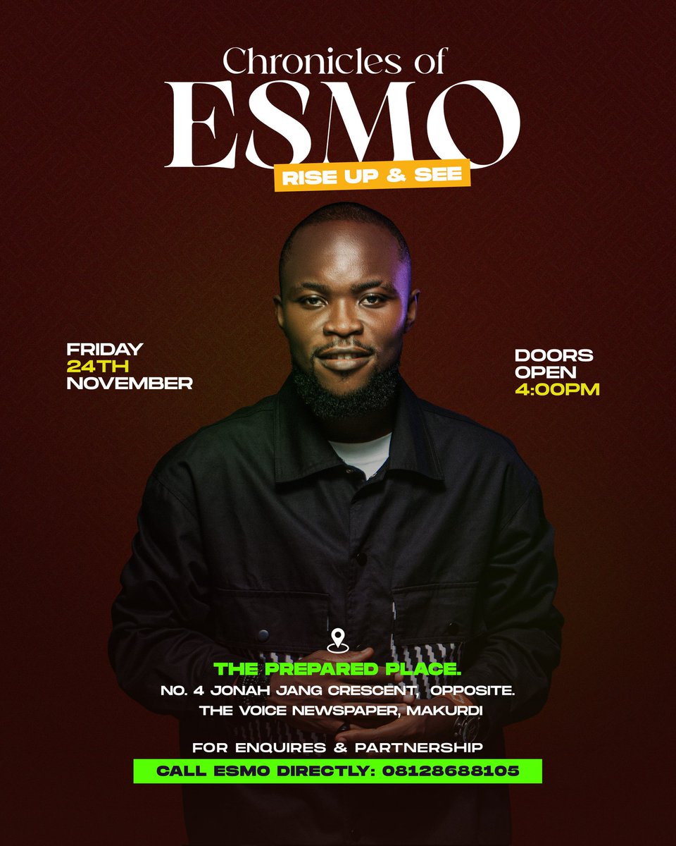 CHRONICLES OF ESMO 
There are positioning in the spirit and what guarantees how far you see, is how high you stand. My name is  Esmo, a prophet of God and I've come to Raise you up. On the 24th, you must Rise up! You must  see!
 How about a new song huh! Road to 24th.