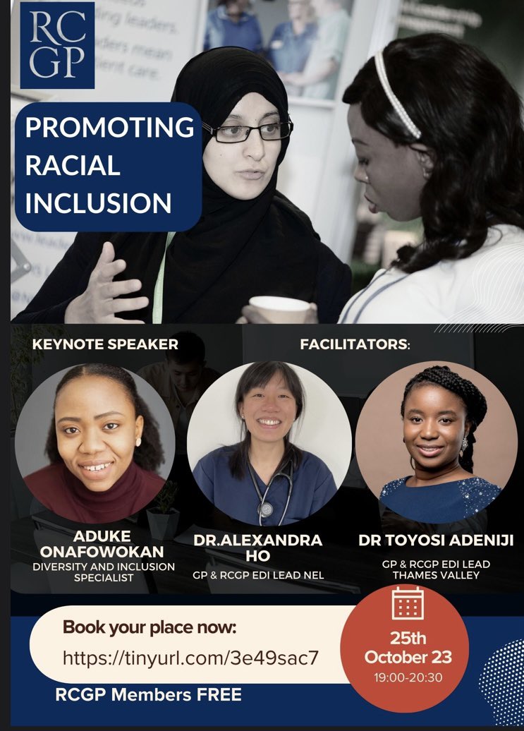 Everyone is invited to join the online conversation on promoting racial inclusion with our speaker-Aduke Onafowokan from inclusivitii tomorrow evening. It’s been put together in collaboration with Dr Alex Ho &amp; <a href="/TeamGP/">GP team 420</a> . <a href="/rcgp_ni/">RCGPNI</a> <a href="/RCGPScotland/">RCGP Scotland</a> <a href="/MidRCGP/">Midland Faculty RCGP</a> <a href="/rcgp/">Royal College of General Practitioners</a>