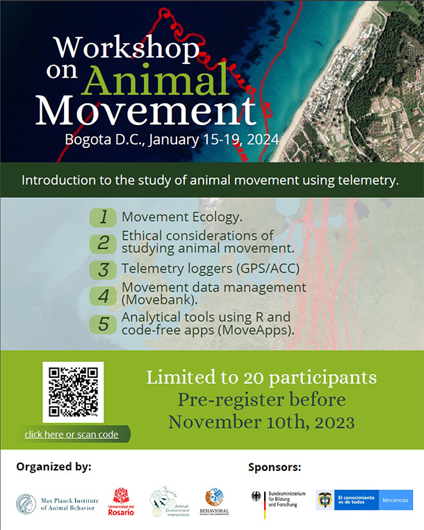 AdriMaldoC's tweet photo. Workshop on Animal Movement Ecology in Colombia, January 15-19, 2024. A collaboration between the MPI of Animal Behavior and Universidad del Rosario.  Please share with colleagues, researchers, students and friends in Colombia  Pre-registration open now: https://t.co/dQdgkJOSMJ https://t.co/gGfQa06jO0