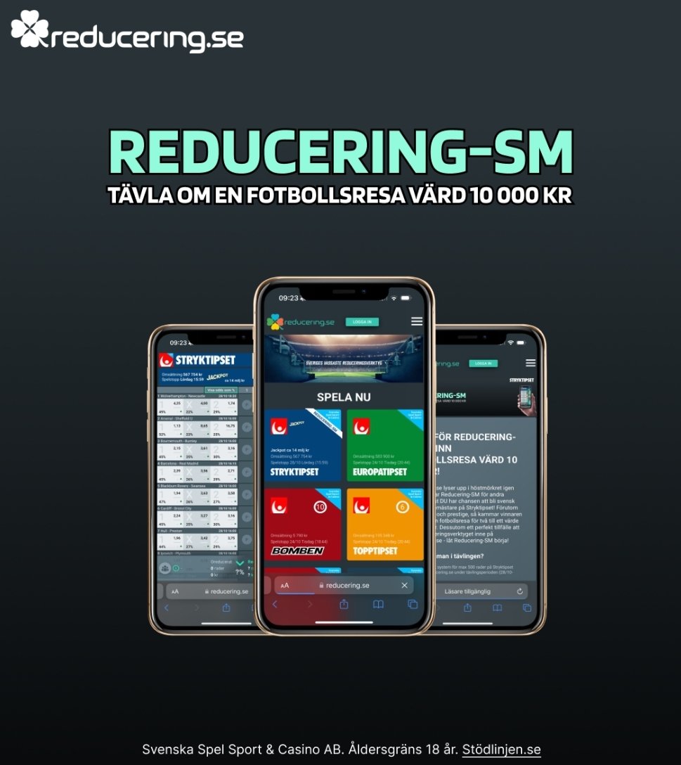 Kära följare och reducerare - på lördag smäller det! 💥 Reducering-SM på Stryktipset startar och kopplar grepp i fem veckor framöver! 

Förutom ära och prestige tar vinnaren hem en fotbollsresa värd 10 000 kr! 🛩🏟⚽️

Jaja, GRATIS att delta! Läs mer ⤵️

reducering.se/tavling