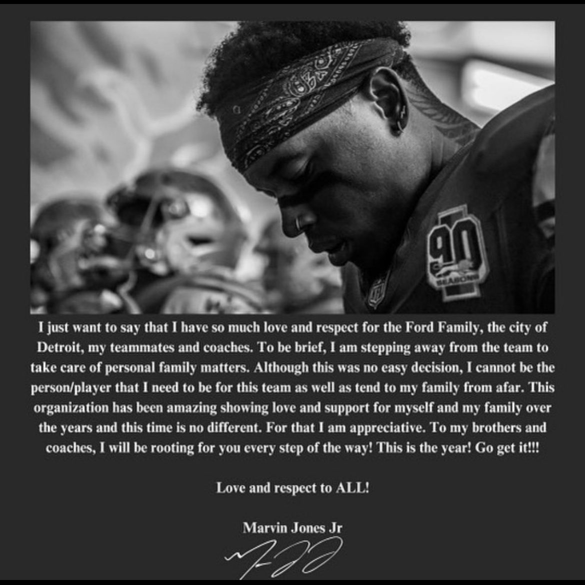 Lions’ WR Marvin Jones announced he is stepping away from football.
