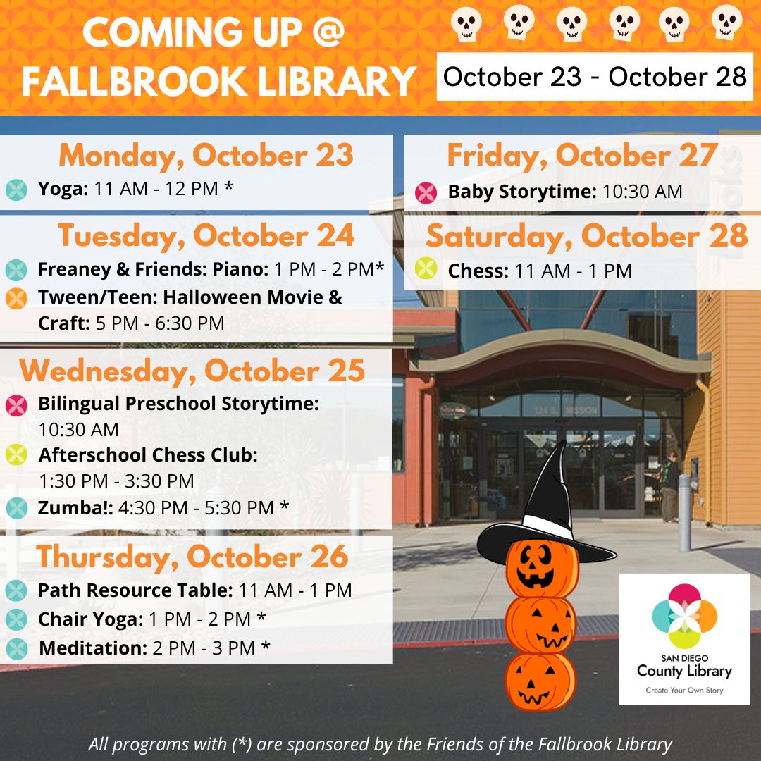 FallbrookSDCL's tweet image. Check out this week&apos;s events at the library!

#fallbrooklibrary #fallbrook #fallbrookca #sdcl