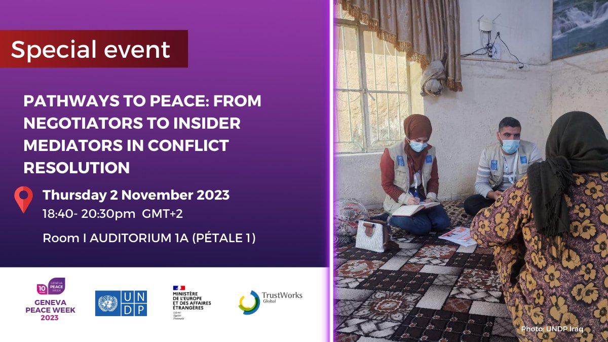 📣2 November 2023 at ⏰18:40, following a special film screening on #negotiation shown as part of @GenevaPeaceWeek, @UNDP, @francediplo and @TrustWorksG will discuss how insider mediators are #sustaining peace in fragile settings Register here: genevapeaceweek.ch/en/programme/s…