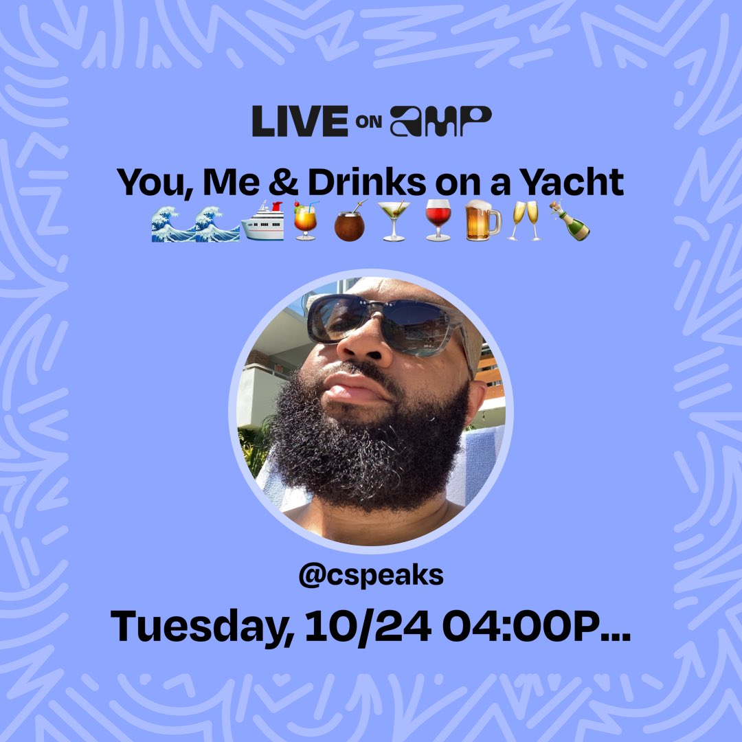 My show, You, Me &amp; Drinks on a Yacht🌊🌊🛳️🍹🧉🍸🍷🍺🥂🍾#moodmix, is set to go live on Amp on 10/24 at 04:00 PM EDT. Follow me to listen!
live.onamp.com/TBrvqATlaEb Tune in! #amp #amphost #ampradio #rnb #soul #soulmusic #dance #groove #feelgood #vibes #cspeaks #chadanthony