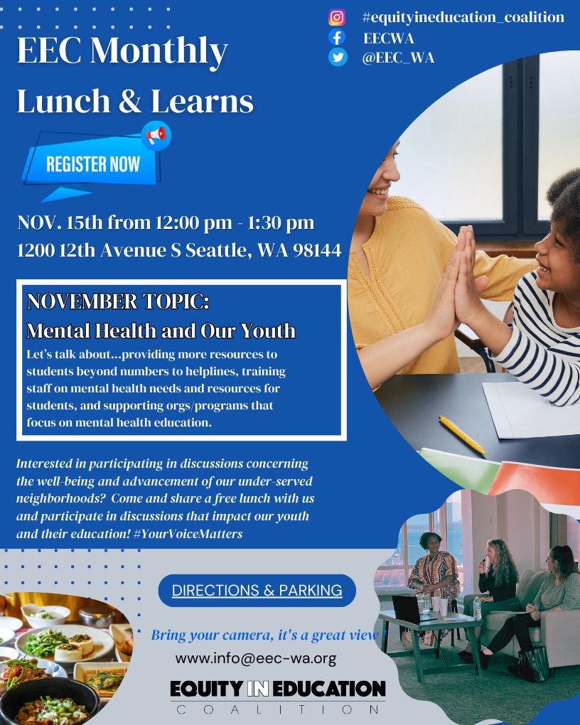 Our next Lunch and Learn is fast approaching! This month we want to highlight a conversation on Mental Health and Our Youth. We hope to see you there. Register Today - eec-wa.org/event/mental-h… #lunchandlearn #equityineducationmatters #mentalhealthmatters #mentalhealthadvocacy