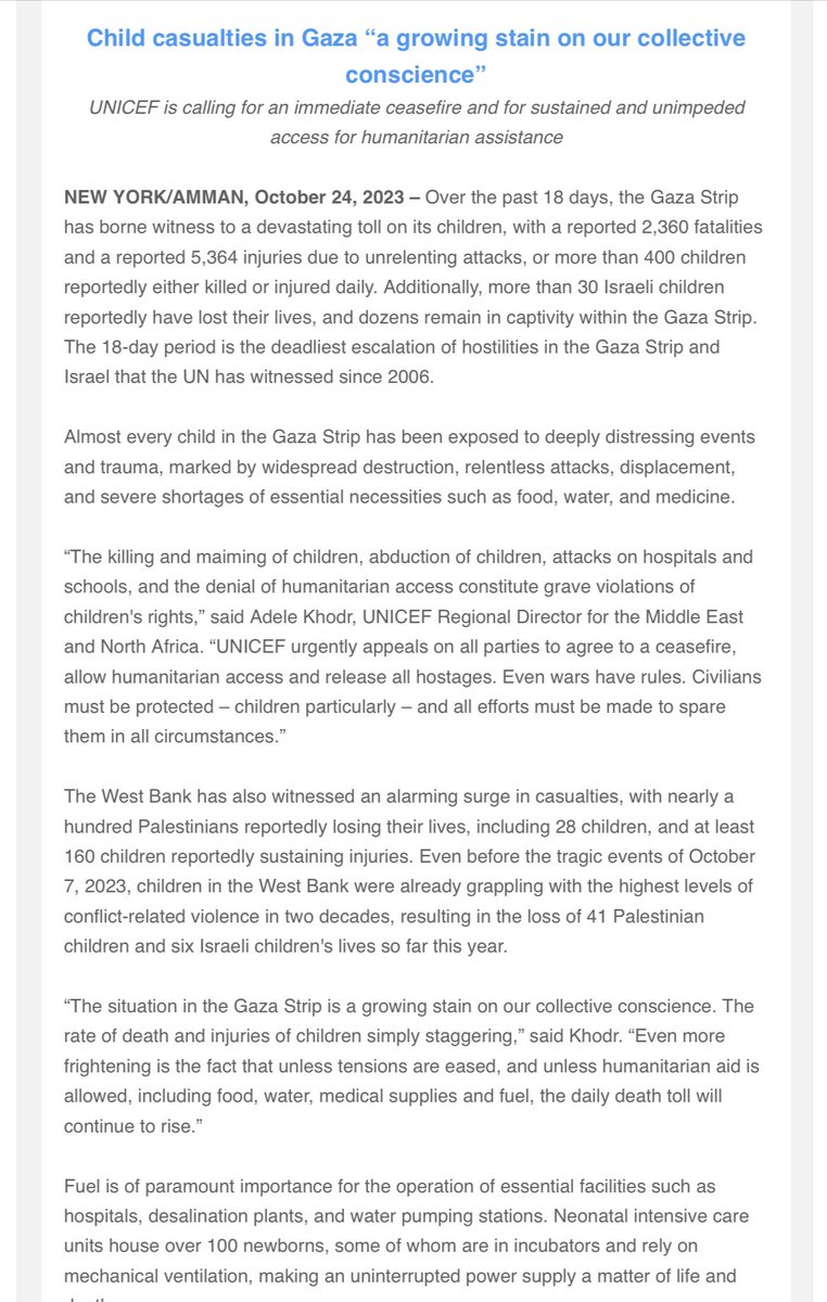 🔴 UNICEF cifra en 2360 los niños muertos por los bombardeos en Gaza.
Otros 5364 han resultado heridos.