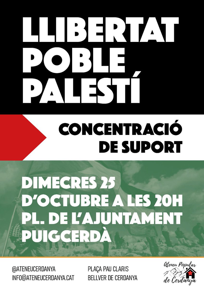 Demà a les 20h ens trobarem davant l'ajuntament de Puigcerdà en suport a la pau i la llibertat del poble palestí. 

Des del riu fins al mar, Palestina vencerà✌🏾🇵🇸

#AturemElGenocidi
#NoEnElNostreNom