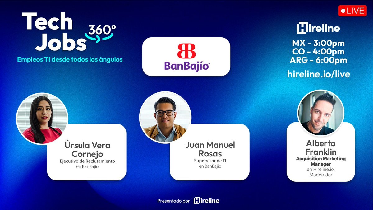 hirelineio's tweet photo. 🔵 ¡Hoy tenemos Tech Jobs 360°! No se pierdan nuestro en vivo y conozcan todo acerca de cómo es trabajar en el área de TI en @BanBajiomx. 

🛎️ Activa el recordatorio, aquí te vemos: https://t.co/5dTMi1zgob https://t.co/sszZUxKa75