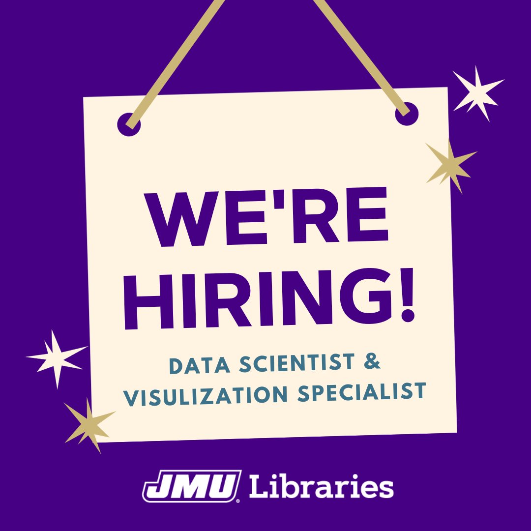We're on a search for a Data Scientist & Visualization Specialist! This full-time, remote-optional, AP faculty position will be the go-to for all Libraries data and data management. If this sounds perfect for you, apply today: joblink.jmu.edu/postings/15788