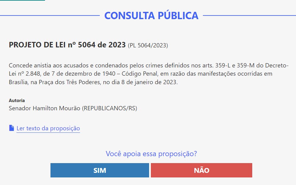 REFORÇANDO: Hamilton Mourão, mais conhecido como "Paquita da Ditadura", protocolou um projeto absurdo para anistiar os golpistas e terroristas do 8 de Janeiro.

VOTEM NÃO na consulta pública do Senado 

Link 👉www12.senado.leg.br/ecidadania/vis…