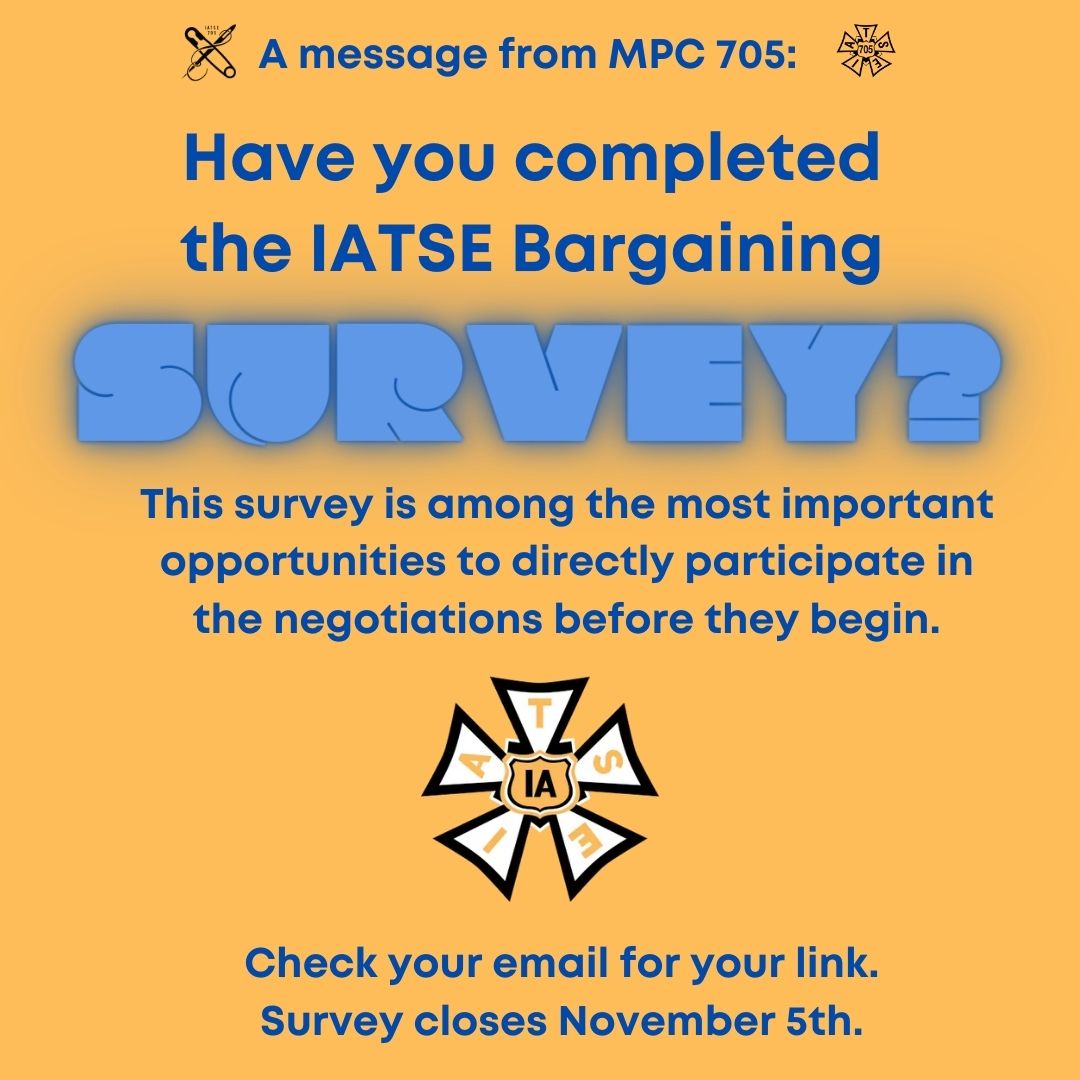 IATSE members (and especially #motionpicturecostumers)! The IATSE Bargaining survey went out on 10/23. This is one of the most important opportunities to directly participate in the negotiations before they begin. #mpc705 #Costumers #Negotiations2024 #solidarity #union