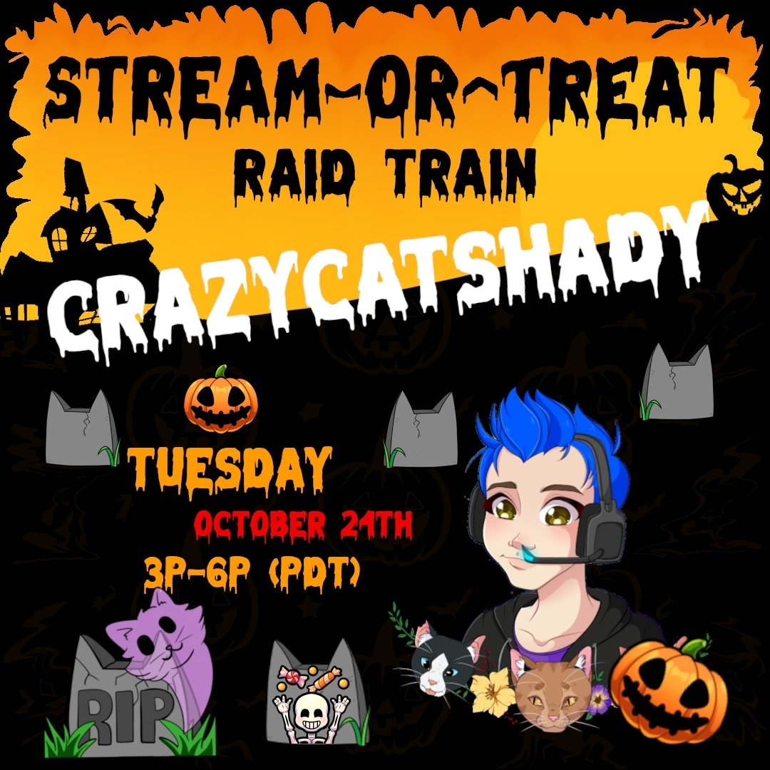 CrazyCatShady's tweet photo. Something spooky this way comes!! Live tonight 3p-6p raiding into @PrincessRosca with the Stream or Treat Train big thank yous to @actorpat ! #twitch #stream #TwitchStreamers https://t.co/VDE3JkQCNj https://t.co/DzY7Pnmhdu