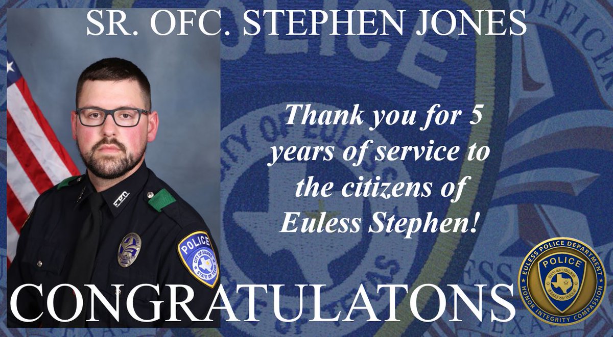 EulessPolice's tweet photo. Please join us in congratulating Sr. Ofc. Jones on 5-years of service to the City of Euless! #eulesspd #congratulations #5yearsofservice #cityofeuless https://t.co/hrP4NY0bDP