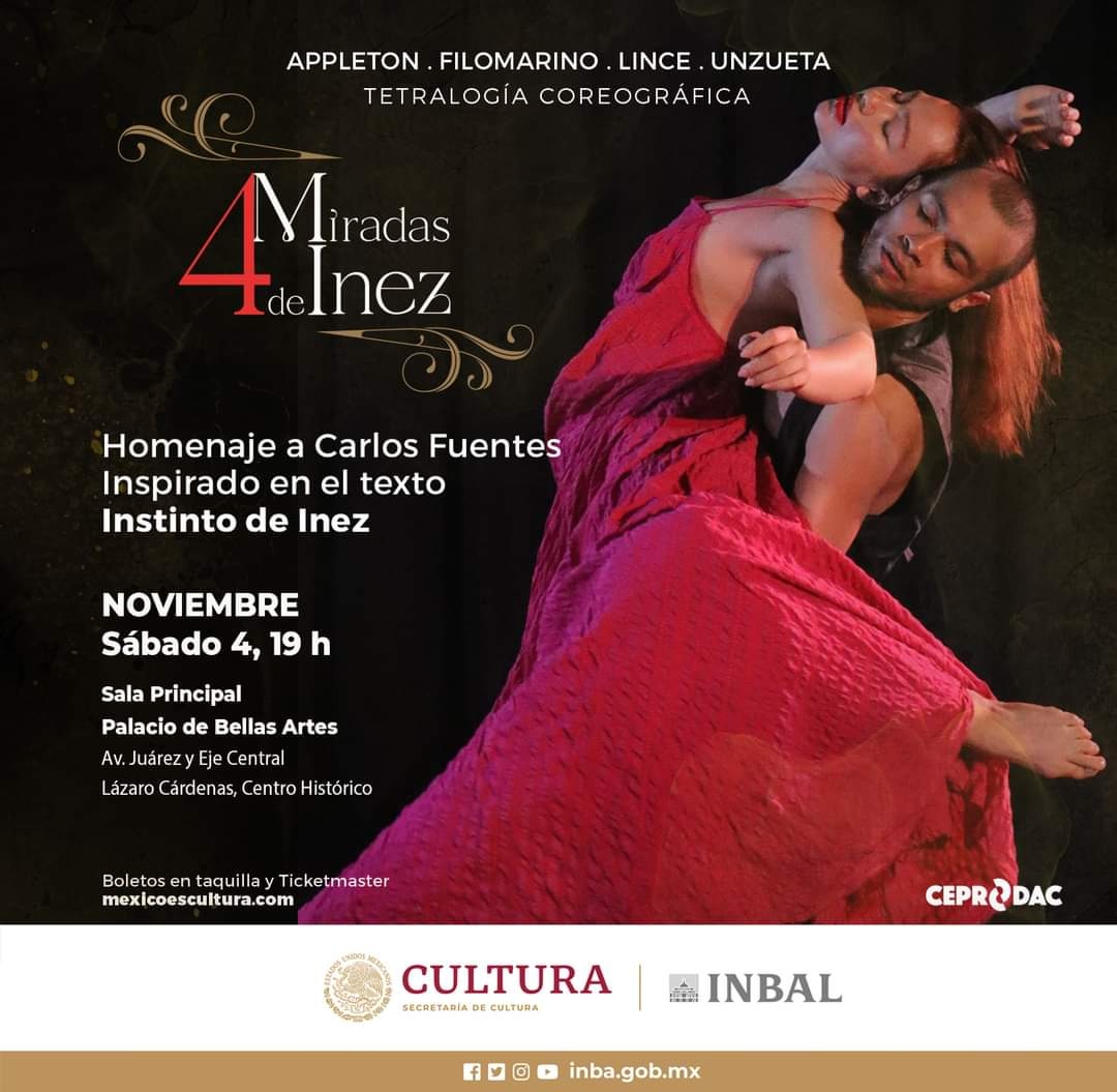 CEPRODAC's tweet photo. "4 Miradas de Inez", es un programa con obras de Cecilia Appleton, Rossana Filomarino, Lola Lince y Silvia Unzueta, para homenajear los 95 años del nacimiento del escritor Carlos Fuentes.
📅 4 de noviembre
⏰ 19 h
📍 @PalacioOficial
🎟 https://t.co/yKo4x34omm
#Ceprodac https://t.co/tjYZ8066rT