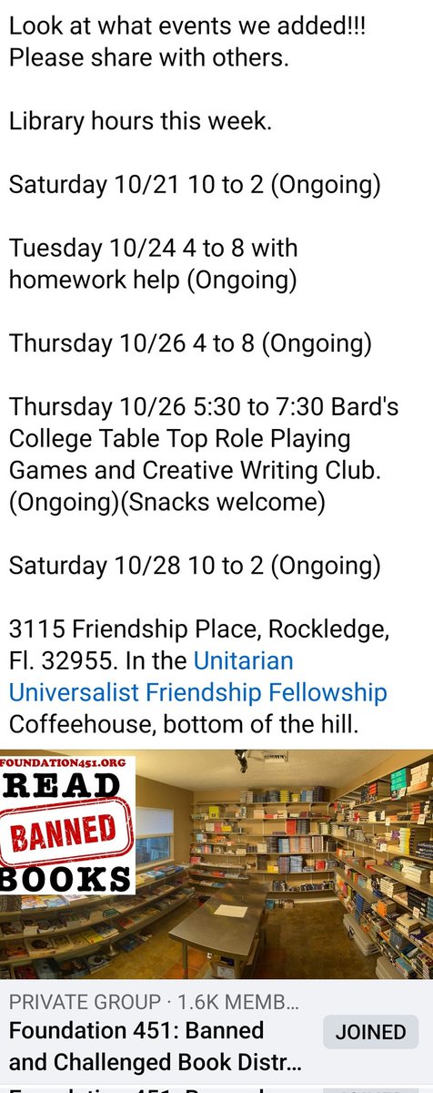 Foundation 451 Banned Book Library Hours and Events for the next week! Look what we've added.