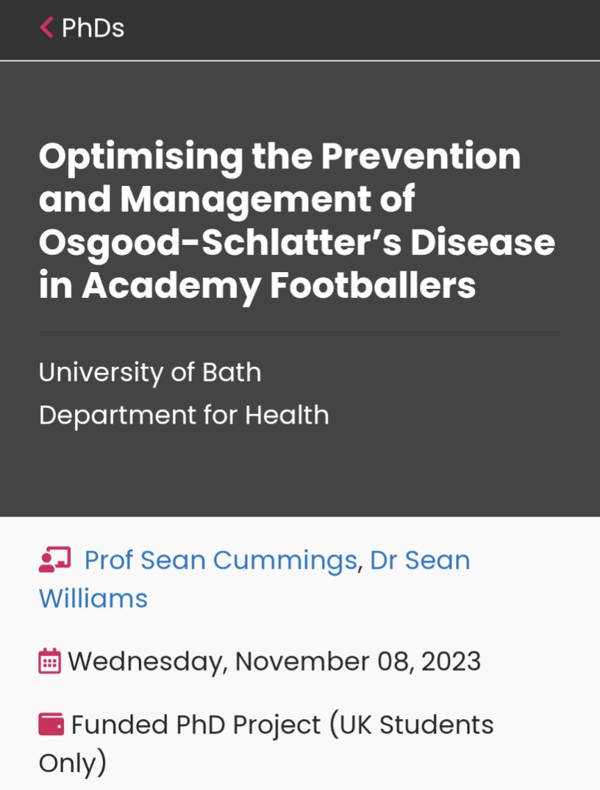 The Football Physio (@thefootballphys) on Twitter photo 🧑🎓📚 PhD Opportunity at <a href="/ManCityAcademy/">Manchester City Academy</a>
'Optimising the Prevention and Management of Osgood-Schlatter’s Disease in Academy Footballers'
🔗findaphd.com/phds/project/o… 🧑🎓📚 PhD Opportunity at <a href="/ManCityAcademy/">Manchester City Academy</a>
'Optimising the Prevention and Management of Osgood-Schlatter’s Disease in Academy Footballers'
🔗findaphd.com/phds/project/o…