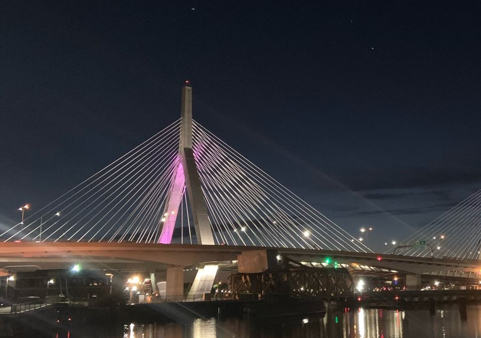 MassDOT's tweet photo. Tonight 10/24, the #ZakimBridge #LongfellowBridge #ForeRiver and #BurnsBridge will light pink for Breast Cancer Awareness. https://t.co/rSYTL5q11Q