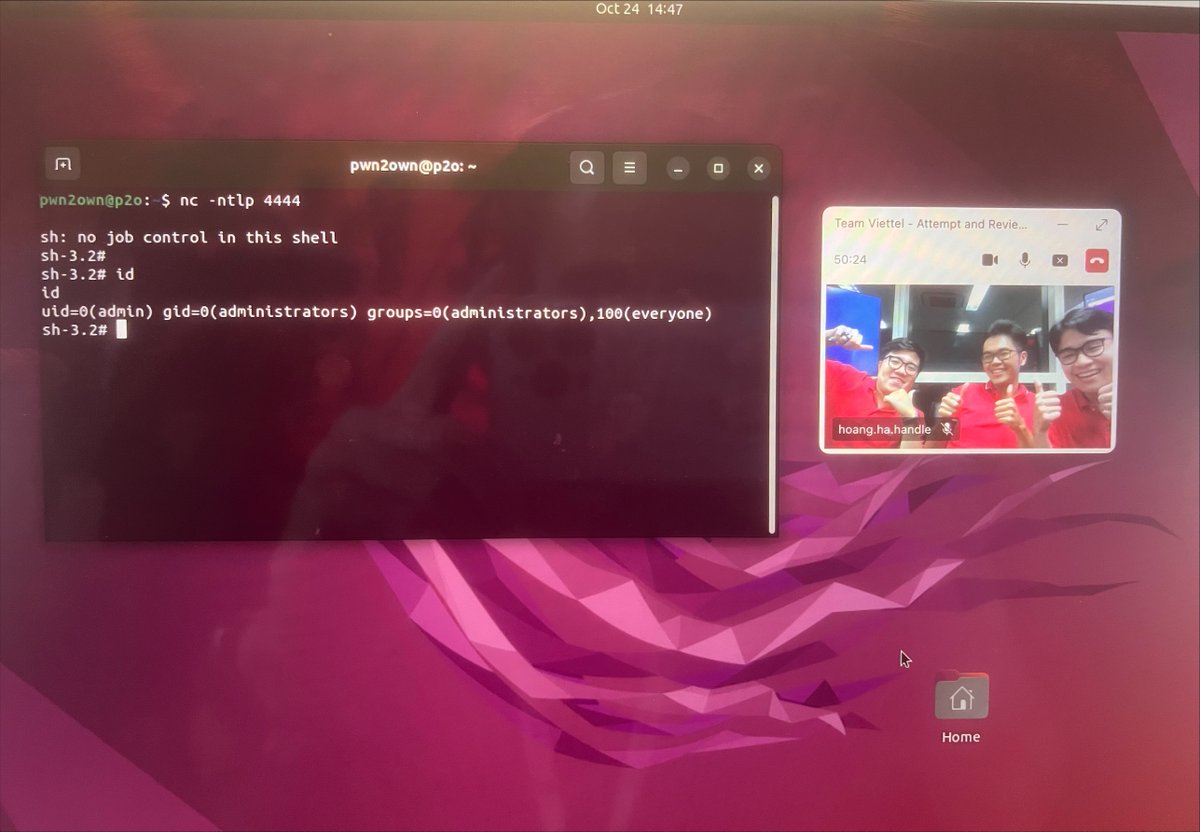 Success! Team Viettel (<a href="/hoangnx99/">Nguyen Xuan Hoang</a>, duongdpt, Ha Anh Hoang from <a href="/vcslab/">VCSLab</a>) executed a 2-bug chain against the QNAP TS-464. They earn $20,000 and 4 Master of Pwn points. #Pwn2Own