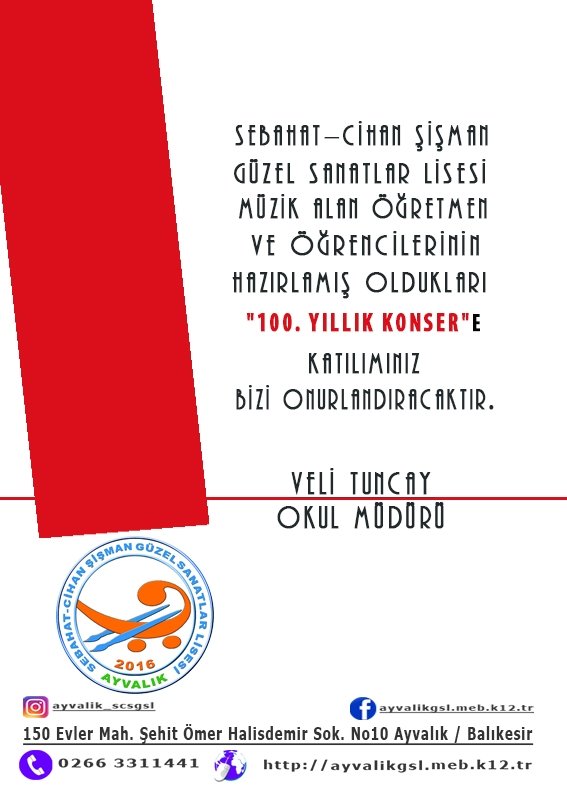 Cumhuriyet'in Aydın Gençleri Yüz Yıllık Konser ile Cumhuriyetin 100. Yılında 2 Kasım 2023 Ayvalık Bahçeşehir Koleji Salonunda.
Tüm sanatsever halkımızı bekleriz.