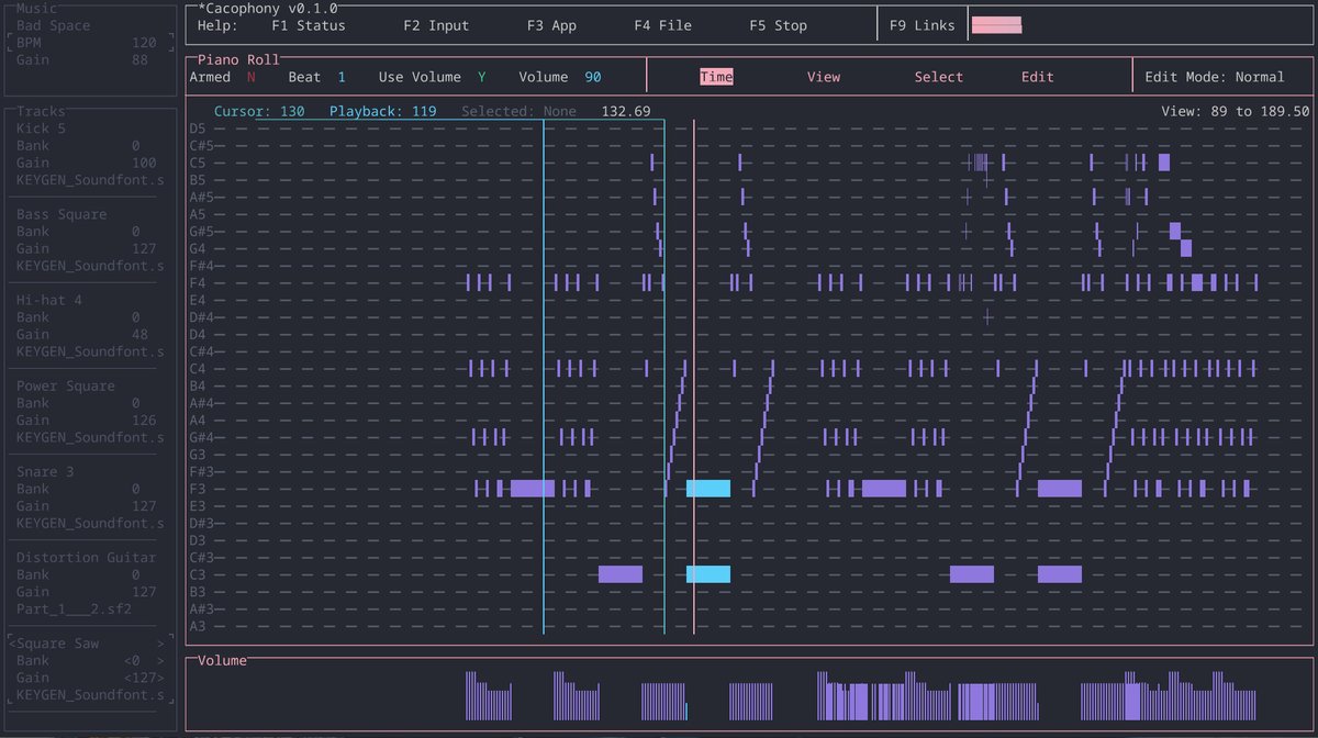 SubalternGames's tweet photo. RELEASED: Cacophony, a minimalist MIDI sequencer. Buy it on @itchio  or compile it for free on GitHub.

- ASCII interface
- Linux, MacOS, Windows
- Q: Will it run on your computer? A: Yes.

https://t.co/0CYiSa7en9

#midi #daw #itch #rust #rustlang #indiedev #opensource https://t.co/CzO2QEoH8W