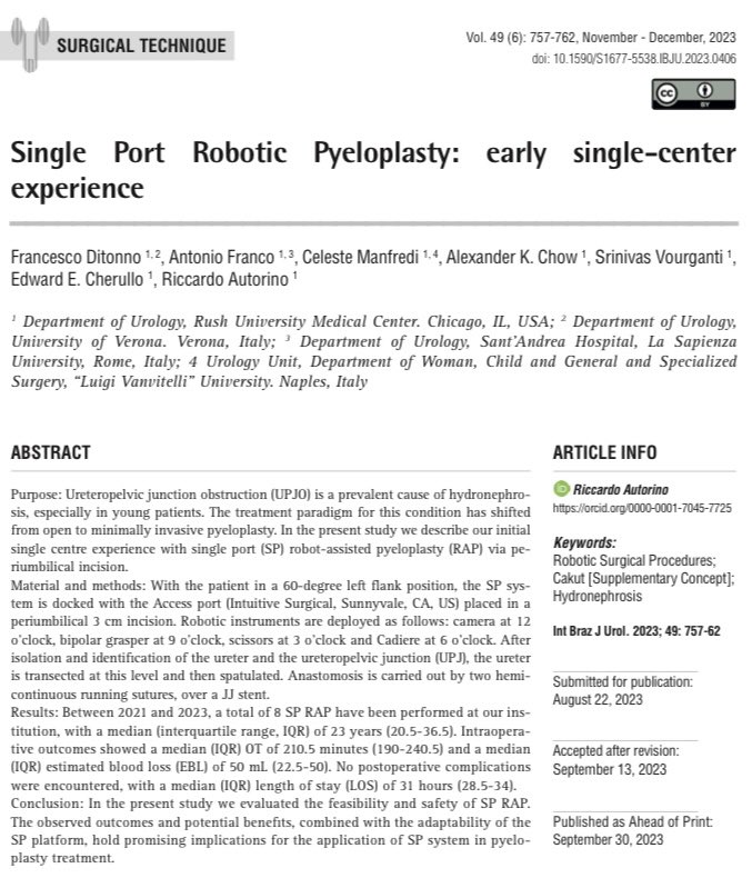 🏥 Initial experience with Single Port Pyeloplasty at @RushUrology ✂️ Results show shorter hospital stays, less pain, and great cosmesis with umbilical incisions. 🤖 Growing evidence supporting the safety and effectiveness of SP surgery for urological procedures!