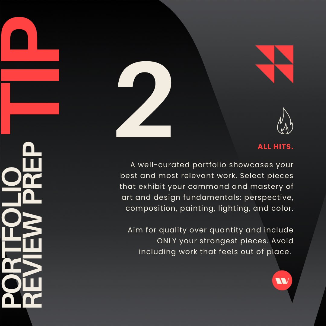 WestStudioNews's tweet photo. PORTFOLIO REVIEW PREP 💼🎨
TIP 2 - ALL HITS
A well-curated portfolio showcases your best and most relevant work. Aim for quality over quantity and ensure that your portfolio maintains consistency throughout.
#portfolioreview #portfolioprep #lightboxexpo #lbx2023 https://t.co/Wz3BIVQVNj